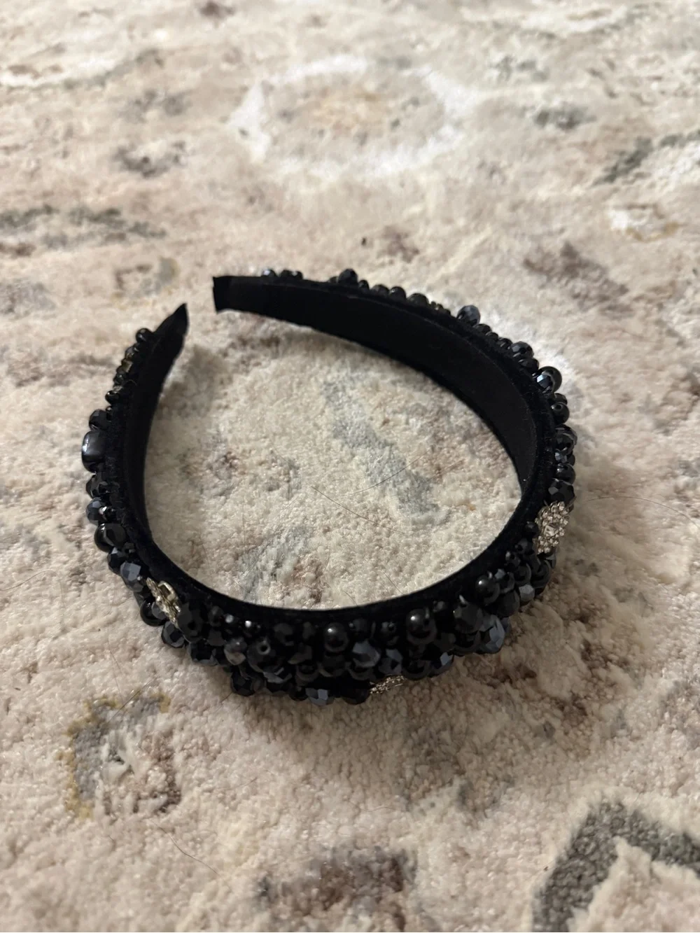 Black Beaded Crystal Hairband with Rhinestone Floral Accents